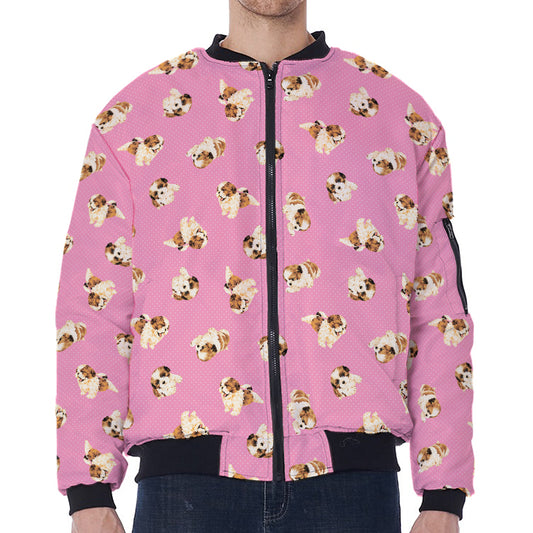 Cute Shih Tzu Pattern Print Zip Sleeve Bomber Jacket