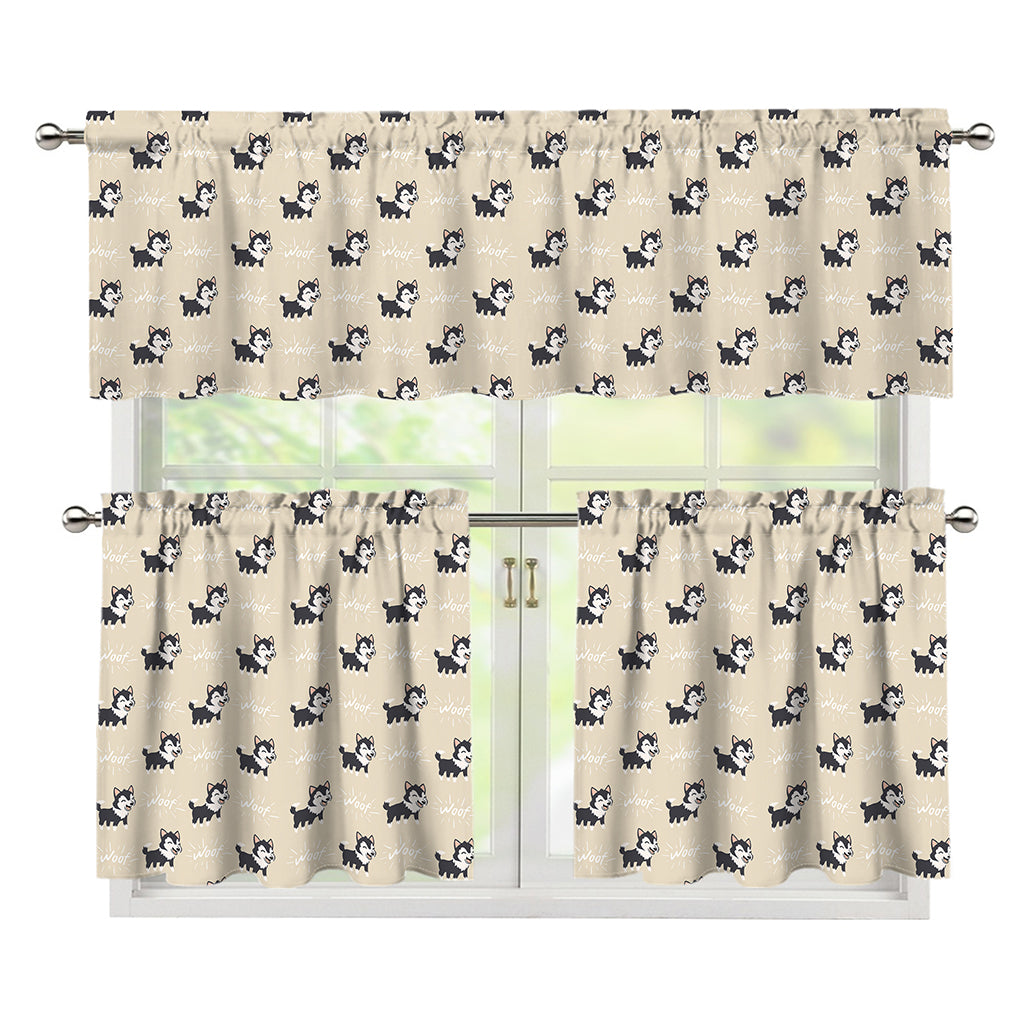 Cute Siberian Husky Pattern Print 3 Piece Kitchen Curtains