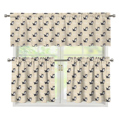 Cute Siberian Husky Pattern Print 3 Piece Kitchen Curtains