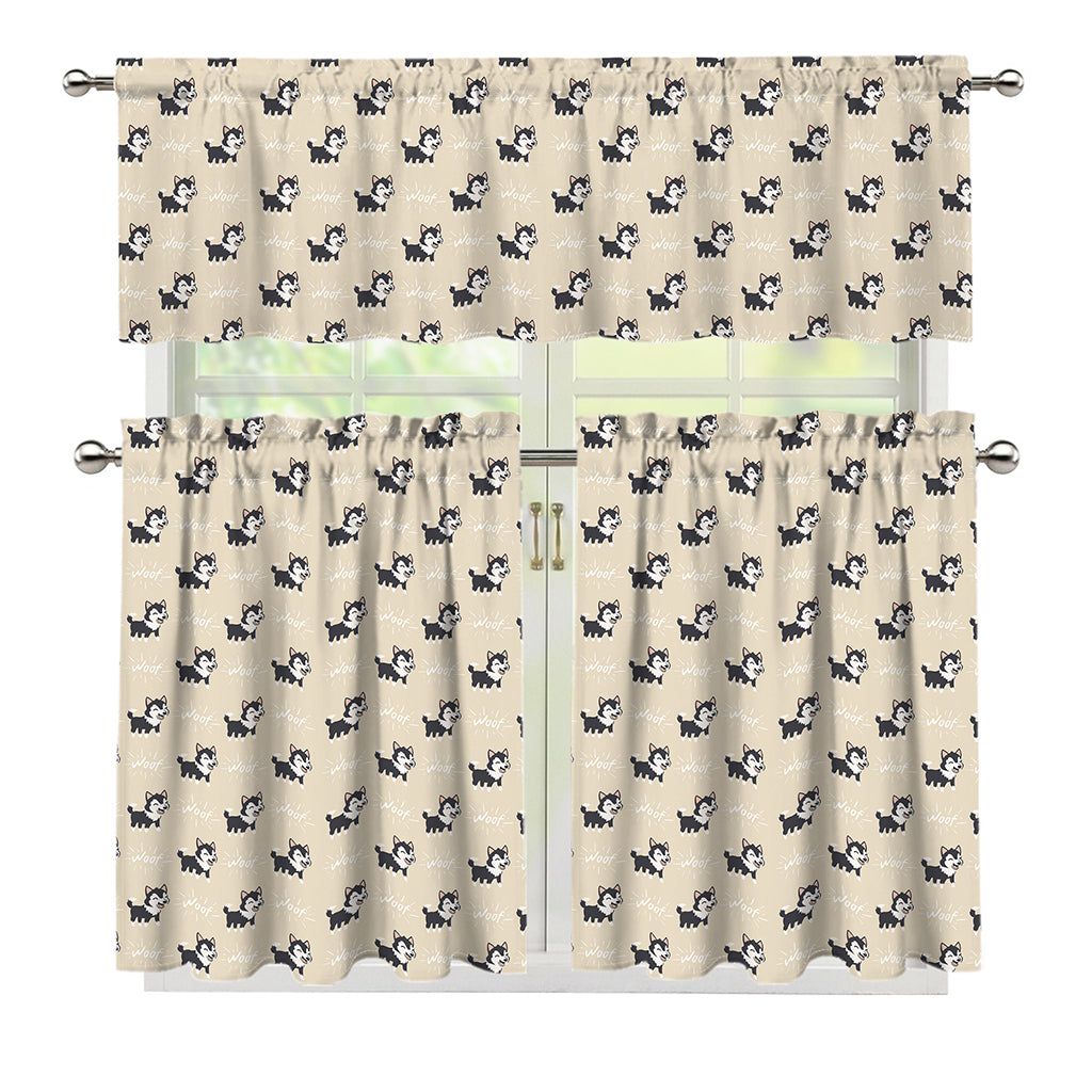 Cute Siberian Husky Pattern Print 3 Piece Kitchen Curtains