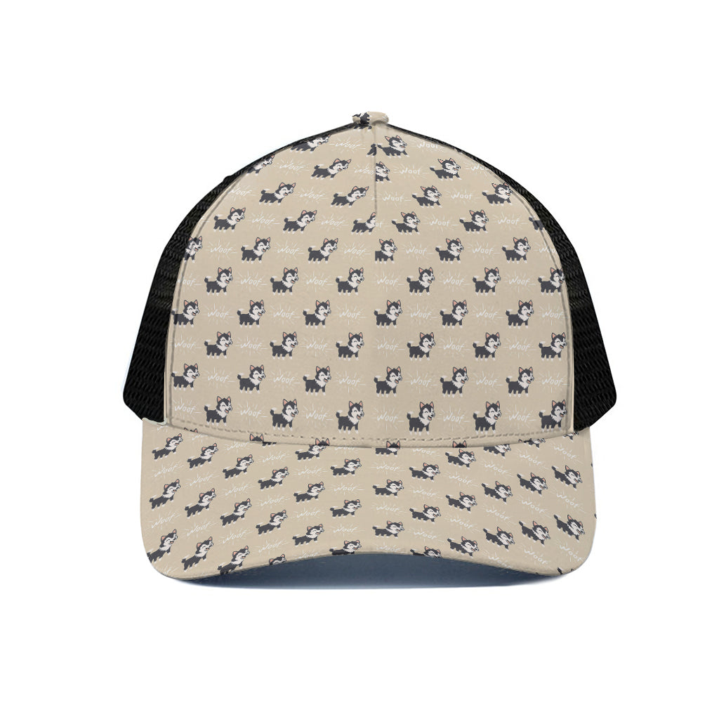 Cute Siberian Husky Pattern Print Black Mesh Trucker Cap