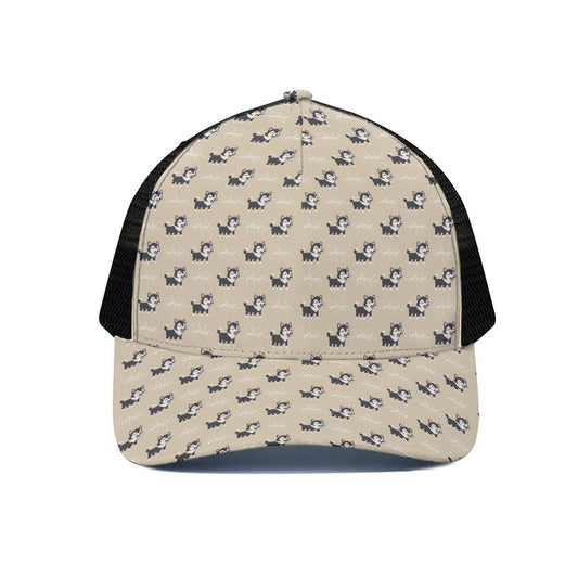 Cute Siberian Husky Pattern Print Black Mesh Trucker Cap