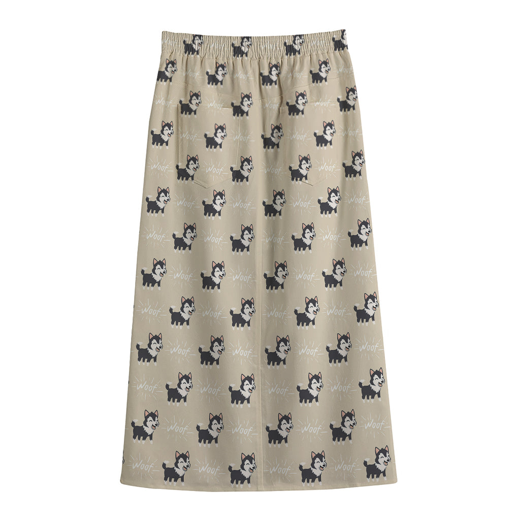 Cute Siberian Husky Pattern Print Cotton Front Slit Maxi Skirt