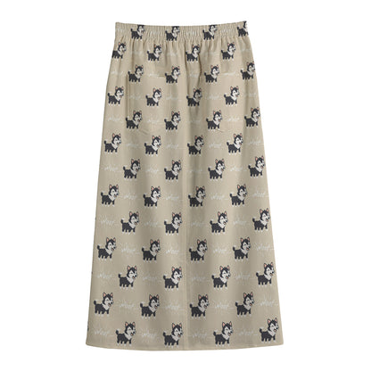 Cute Siberian Husky Pattern Print Cotton Front Slit Maxi Skirt