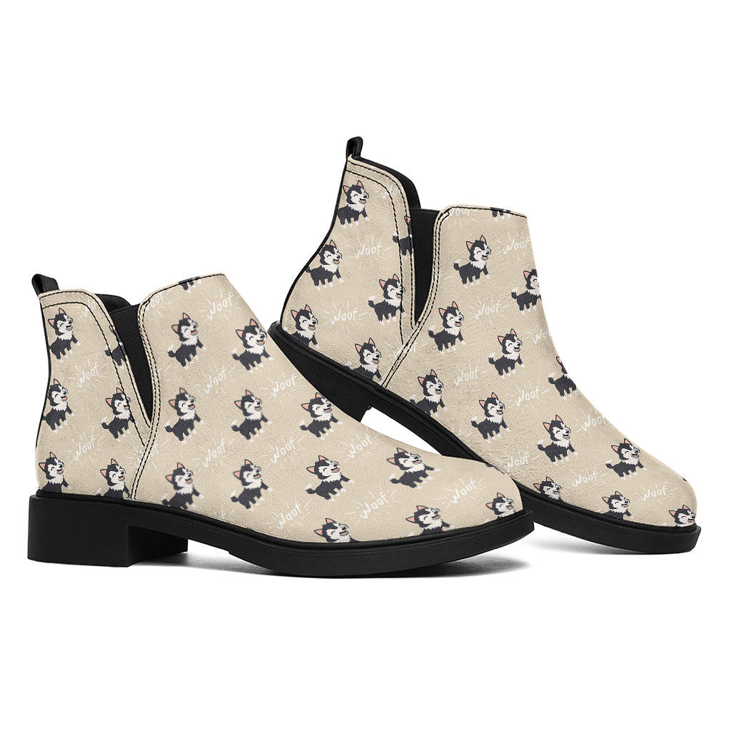 Cute Siberian Husky Pattern Print Flat Ankle Boots