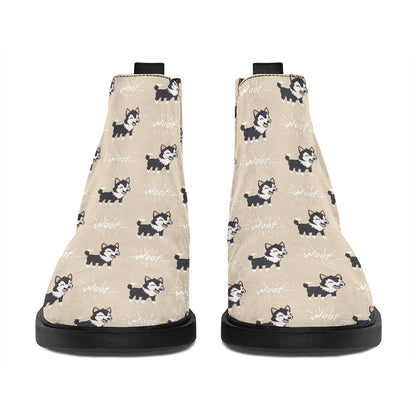 Cute Siberian Husky Pattern Print Flat Ankle Boots