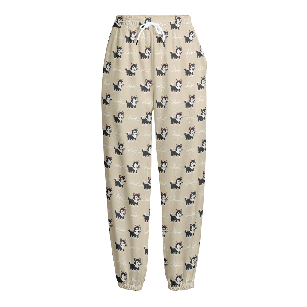 Cute Siberian Husky Pattern Print Fleece Lined Knit Pants