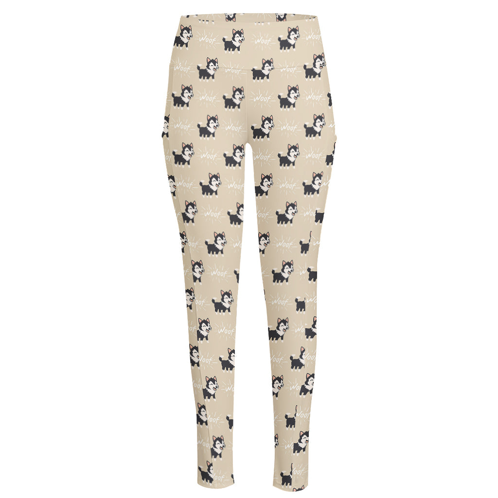 Cute Siberian Husky Pattern Print High-Waisted Pocket Leggings