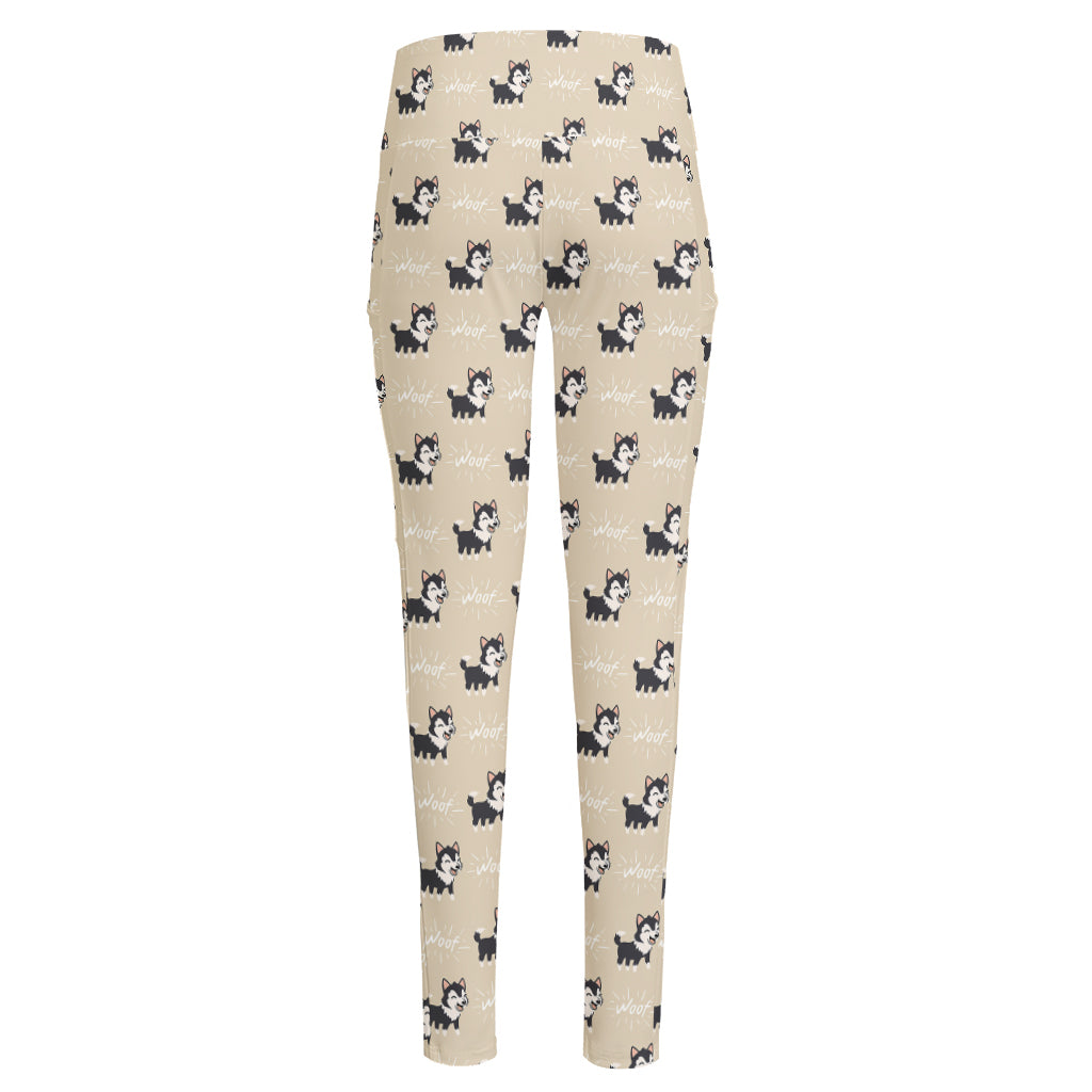 Cute Siberian Husky Pattern Print High-Waisted Pocket Leggings