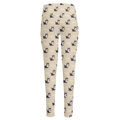 Cute Siberian Husky Pattern Print High-Waisted Pocket Leggings