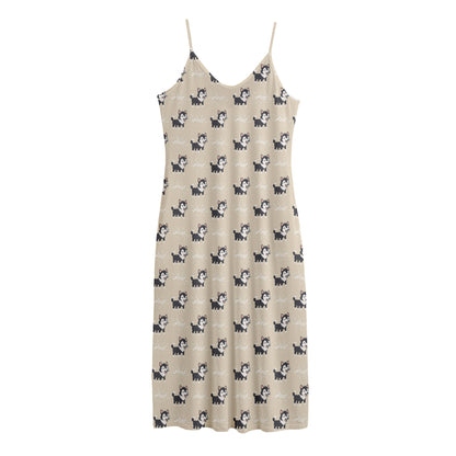 Cute Siberian Husky Pattern Print Jersey Midi Cami Dress