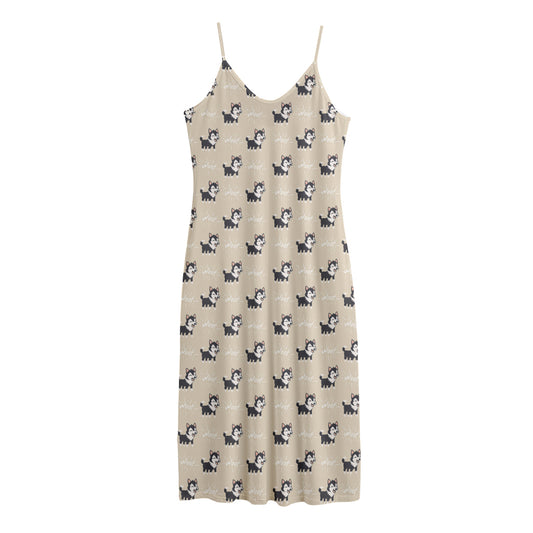 Cute Siberian Husky Pattern Print Jersey Midi Cami Dress
