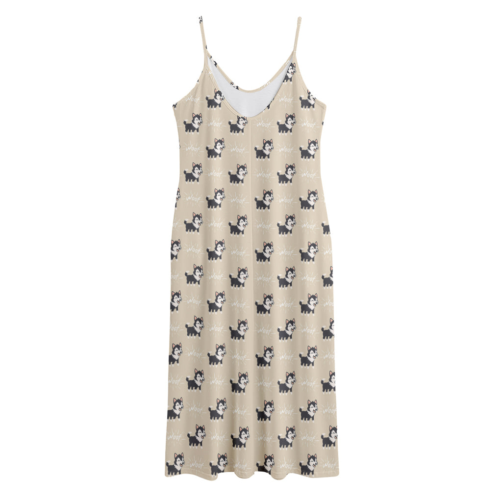 Cute Siberian Husky Pattern Print Jersey Midi Cami Dress