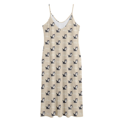 Cute Siberian Husky Pattern Print Jersey Midi Cami Dress