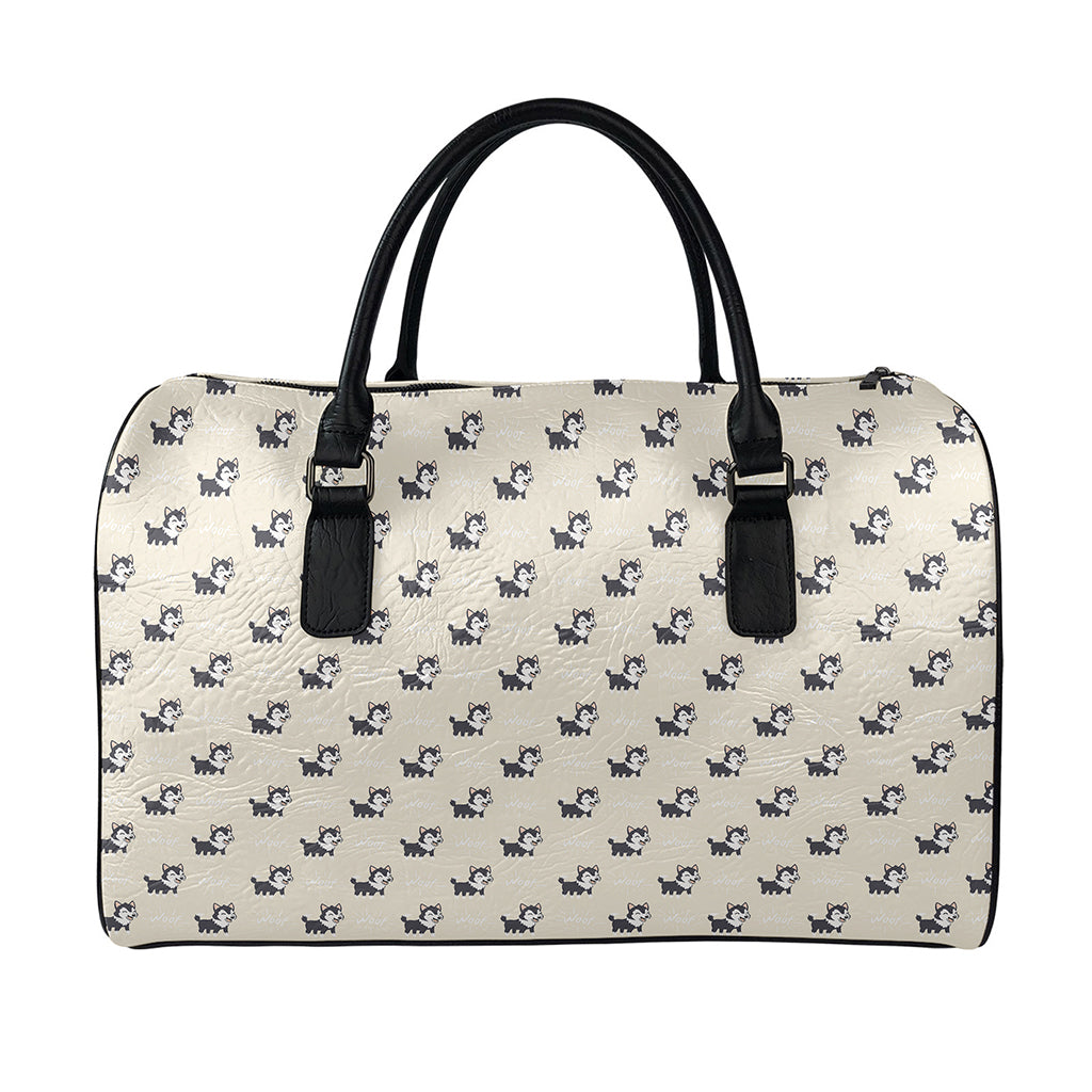 Cute Siberian Husky Pattern Print Leather Duffle Bag