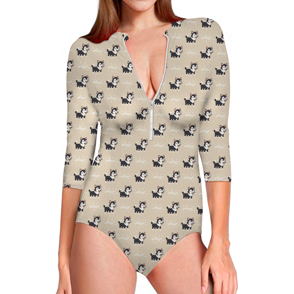 Cute Siberian Husky Pattern Print Long Sleeve Swimsuit