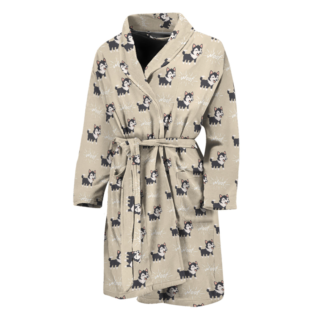 Cute Siberian Husky Pattern Print Men's Bathrobe