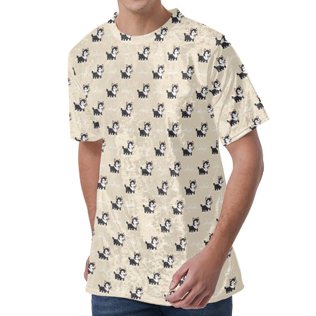 Cute Siberian Husky Pattern Print Men's Velvet T-Shirt