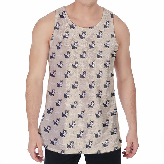 Cute Siberian Husky Pattern Print Men's Velvet Tank Top