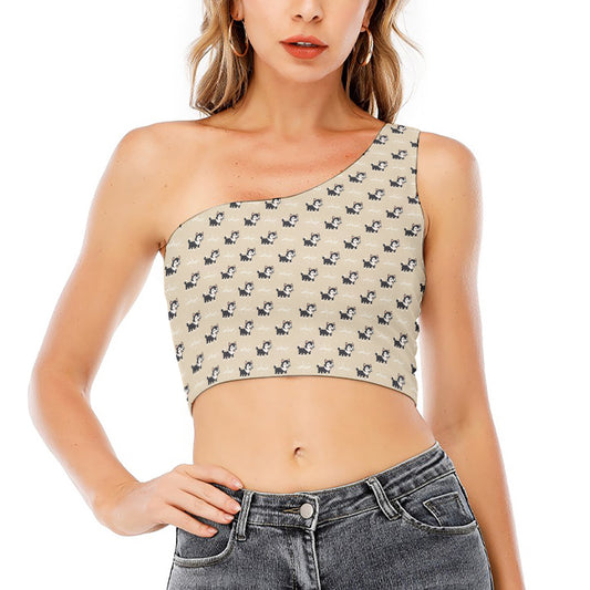 Cute Siberian Husky Pattern Print One Shoulder Crop Top