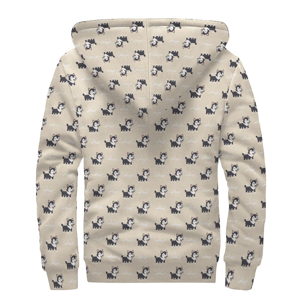 Cute Siberian Husky Pattern Print Sherpa Lined Zip Up Hoodie