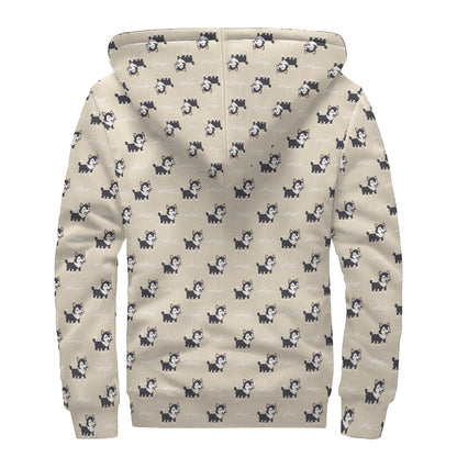 Cute Siberian Husky Pattern Print Sherpa Lined Zip Up Hoodie