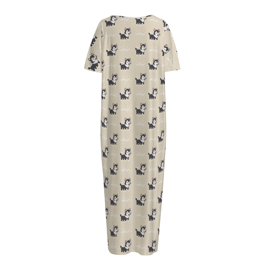 Cute Siberian Husky Pattern Print Short Sleeve Long Nightdress