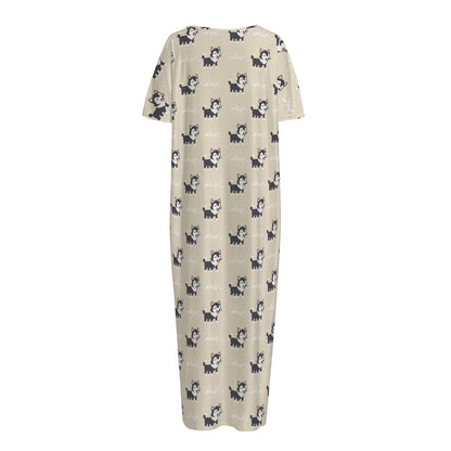 Cute Siberian Husky Pattern Print Short Sleeve Long Nightdress