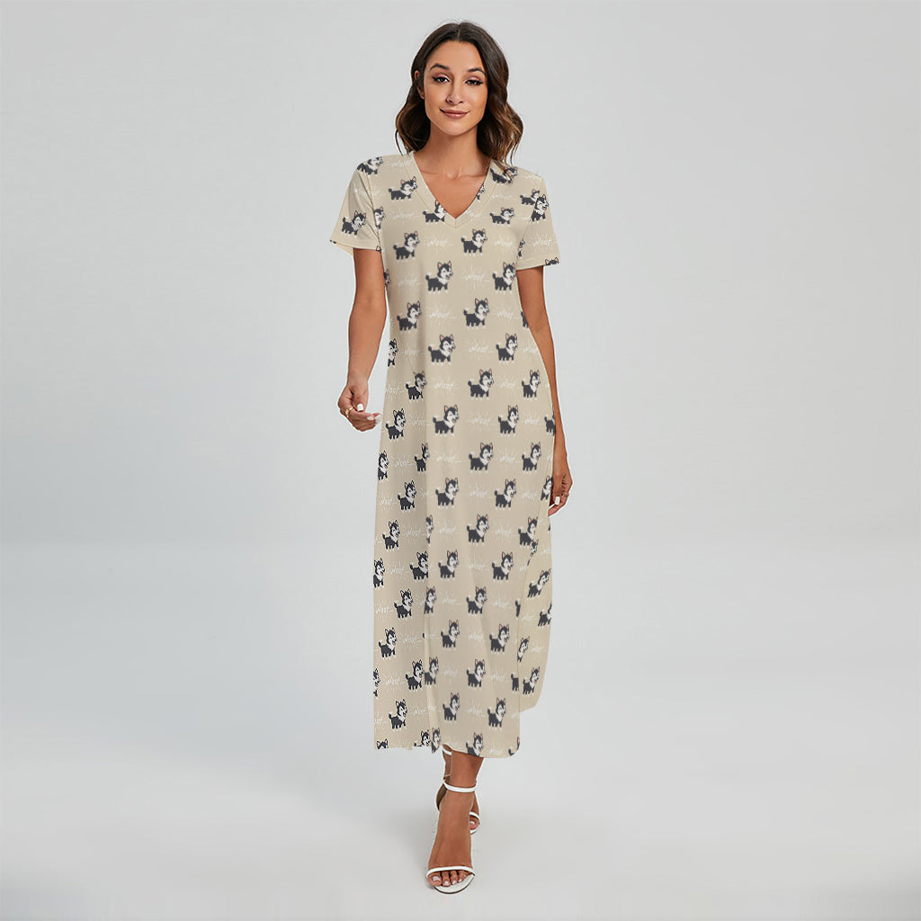 Cute Siberian Husky Pattern Print Short Sleeve Maxi Dress