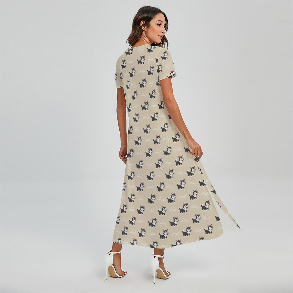 Cute Siberian Husky Pattern Print Short Sleeve Maxi Dress
