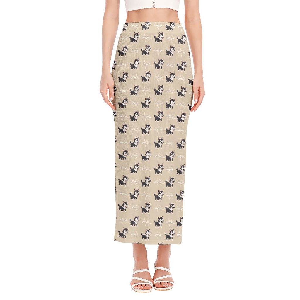 Cute Siberian Husky Pattern Print Side Slit Maxi Skirt