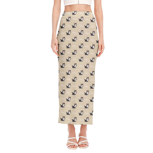 Cute Siberian Husky Pattern Print Side Slit Maxi Skirt