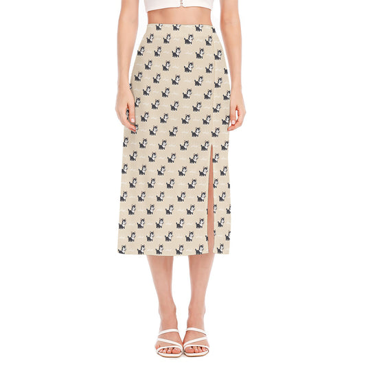 Cute Siberian Husky Pattern Print Side Slit Midi Skirt