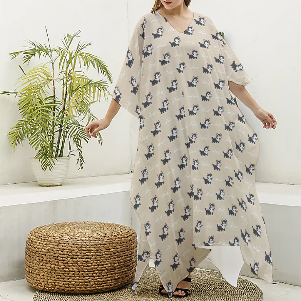 Cute Siberian Husky Pattern Print Silk V-Neck Kaftan Dress