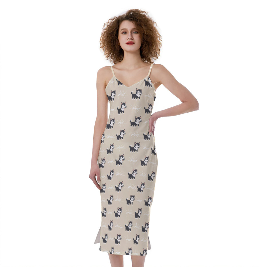 Cute Siberian Husky Pattern Print Slim Fit Midi Cami Dress