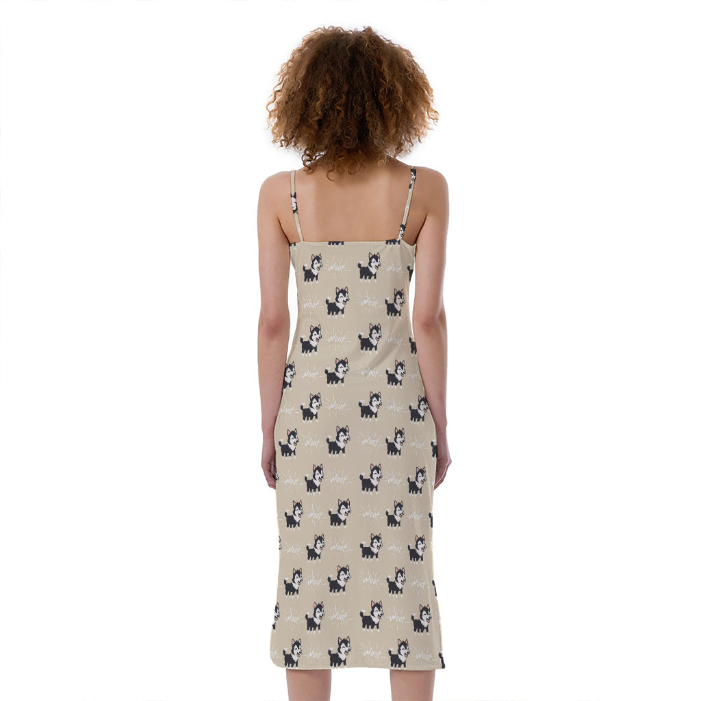Cute Siberian Husky Pattern Print Slim Fit Midi Cami Dress
