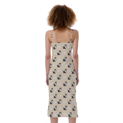 Cute Siberian Husky Pattern Print Slim Fit Midi Cami Dress