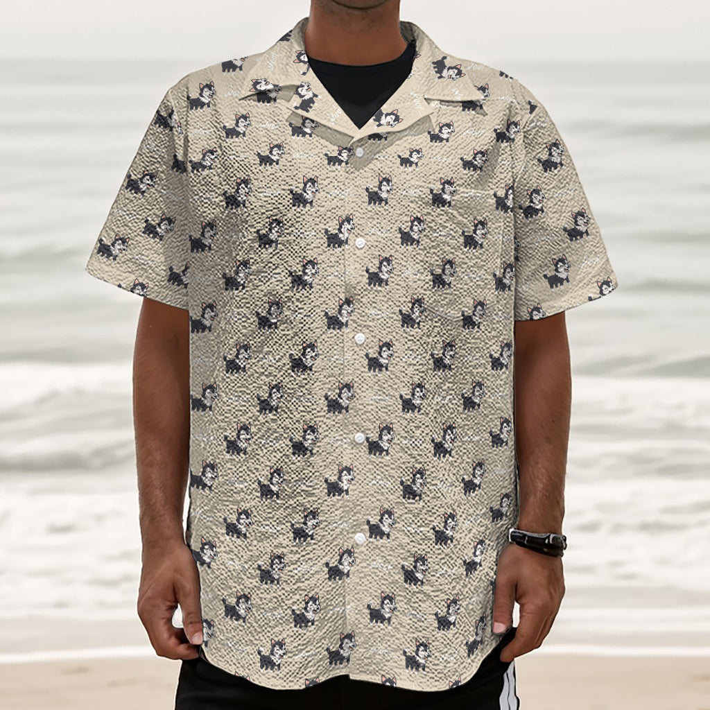 Cute Siberian Husky Pattern Print Textured Short Sleeve Shirt