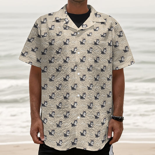 Cute Siberian Husky Pattern Print Textured Short Sleeve Shirt