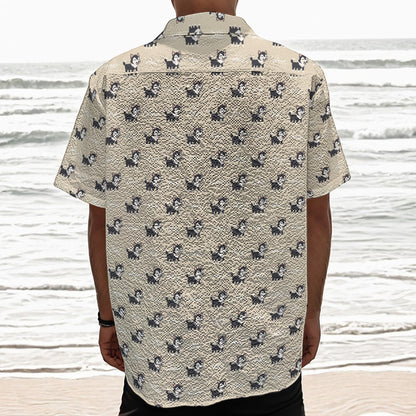 Cute Siberian Husky Pattern Print Textured Short Sleeve Shirt