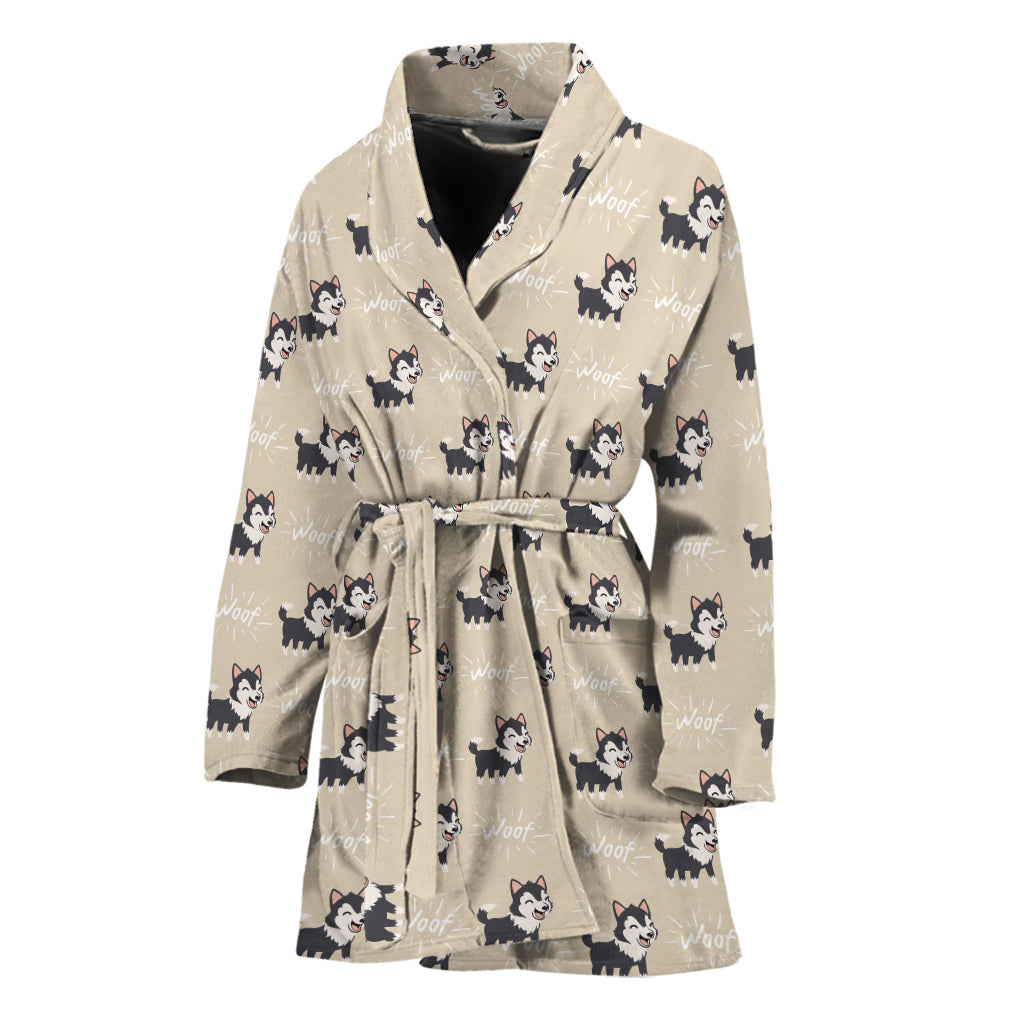 Cute Siberian Husky Pattern Print Women's Bathrobe