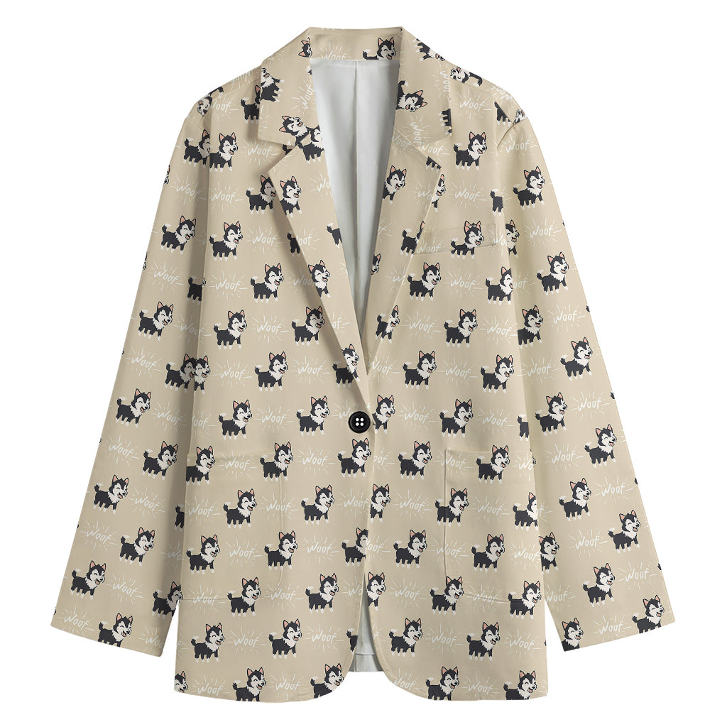 Cute Siberian Husky Pattern Print Women's Cotton Blazer
