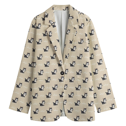 Cute Siberian Husky Pattern Print Women's Cotton Blazer