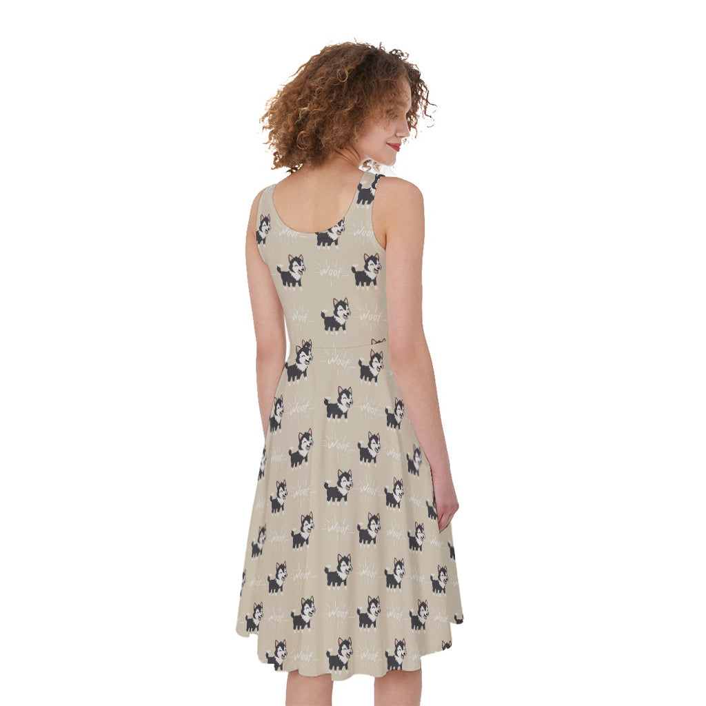 Cute Siberian Husky Pattern Print Women's Sleeveless Dress