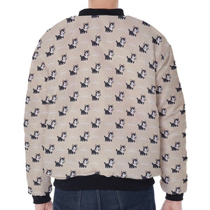 Cute Siberian Husky Pattern Print Zip Sleeve Bomber Jacket