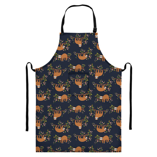 Cute Sloth Pattern Print Bib Apron With Pocket