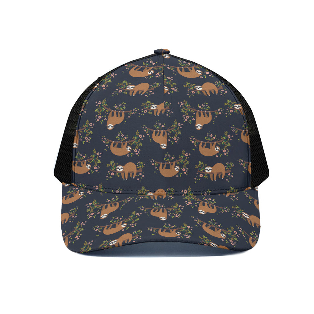 Cute Sloth Pattern Print Black Mesh Trucker Cap