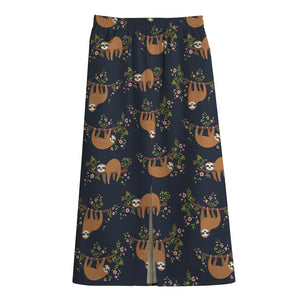 Cute Sloth Pattern Print Cotton Front Slit Maxi Skirt