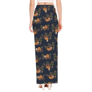 Cute Sloth Pattern Print High Slit Maxi Skirt