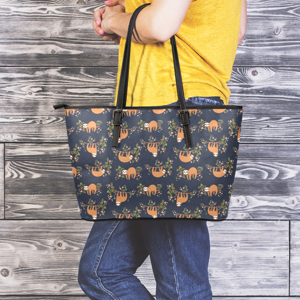 Cute Sloth Pattern Print Leather Tote Bag